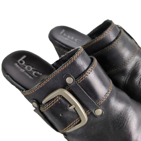Born BOC Women's 7 Black Leather Slip-On Heeled Mules Clogs Shoes Buckle Boho - Picture 5 of 10